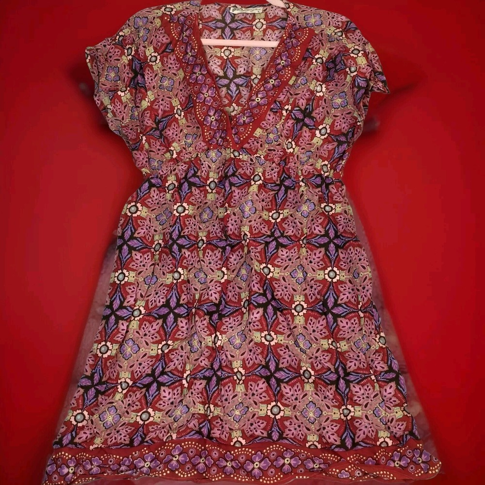 Womens Large Bohemian Tunic Dress Multicolor Mini Floral Empire Waist Red Purple